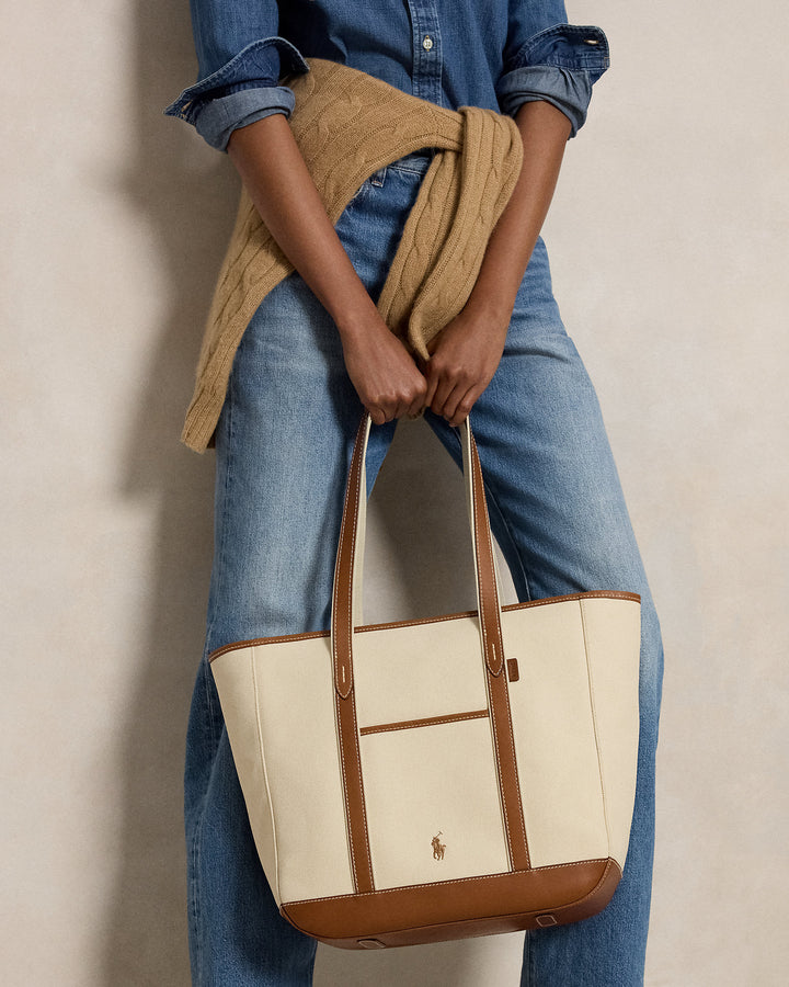 Leather-Trim Canvas Medium Shopper Tote