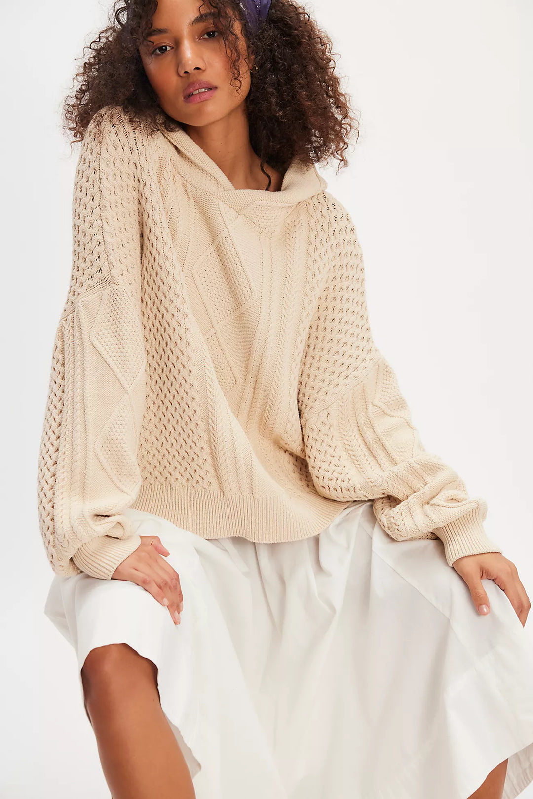 Free People Explorer Cable Knit Hoodie Sweater
