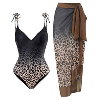 Sexy Shoulder Tie Straps Leopard Print One-piece Swimsuit with Wrap