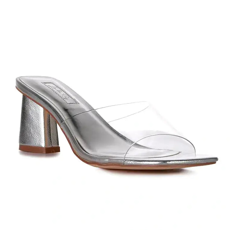 clear strap silver high heel block heel