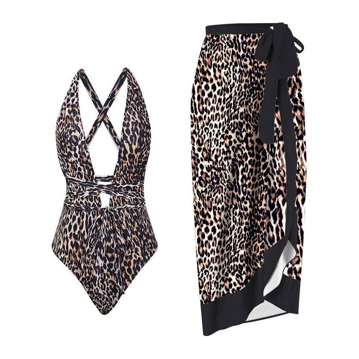 Deep V Leopard Print One Piece Swimwear with Cover Up 