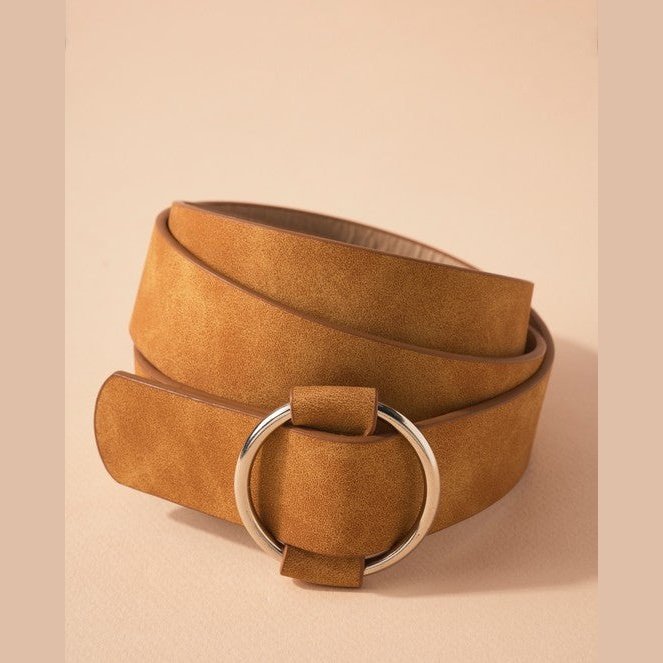 faux leather tan belt with circle buckle 
