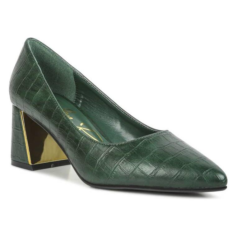 Hunter Green Croc Block Heel Pump Shoes 