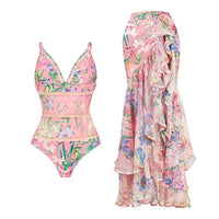 Pretty in Pink Flower Print One Piece Swimsuit with Skirt 