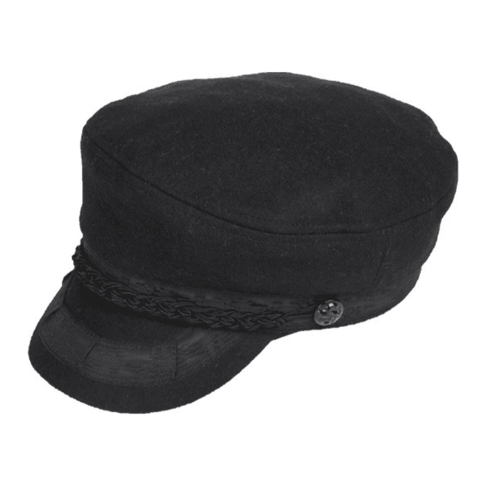 Wool Greek Fisherman Cap with braided detailing on the peak and band