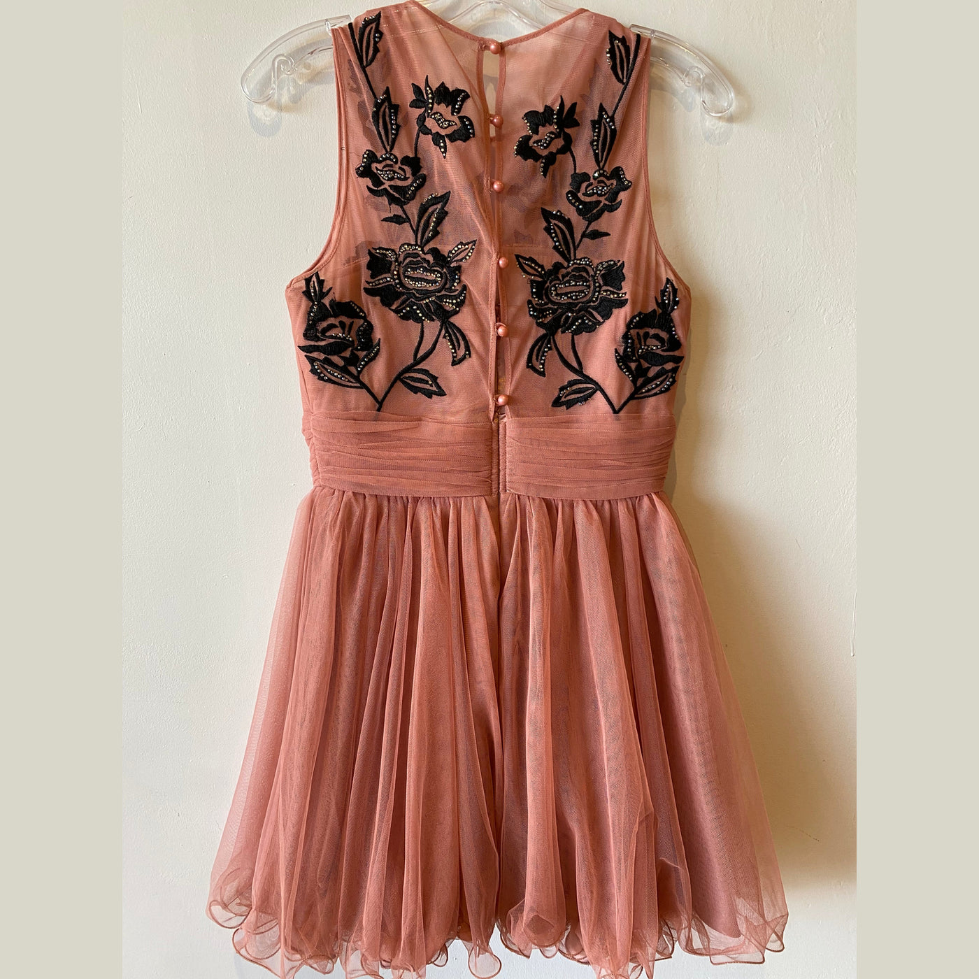Pink Chiffon Prom Dress with Black Embroidered Flowers