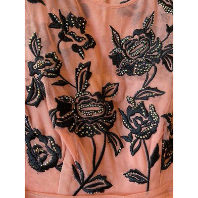 Pink Chiffon Prom Dress with Black Embroidered Flowers