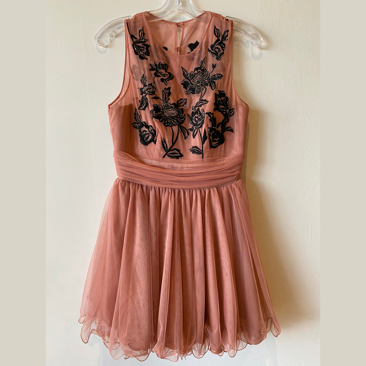 Pink Chiffon Prom Dress with Black Embroidered Flowers