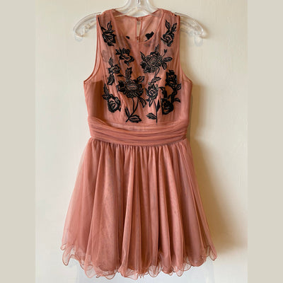 Pink Chiffon Prom Dress with Black Embroidered Flowers